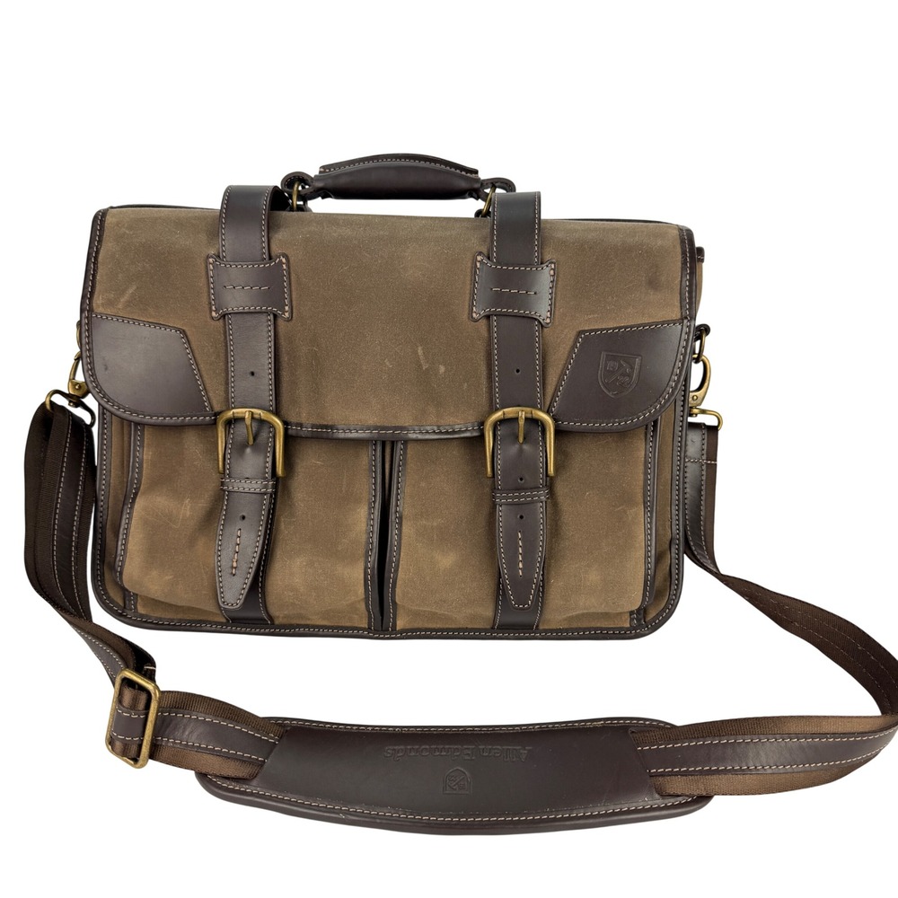 VTG Allen Edmonds Waxed Canvas Leather Trim Messenger Bag Briefcase Brown Brass